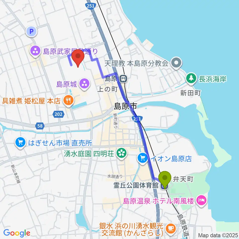 霊丘公園体育館駅から島原文化会館へのルートマップ地図