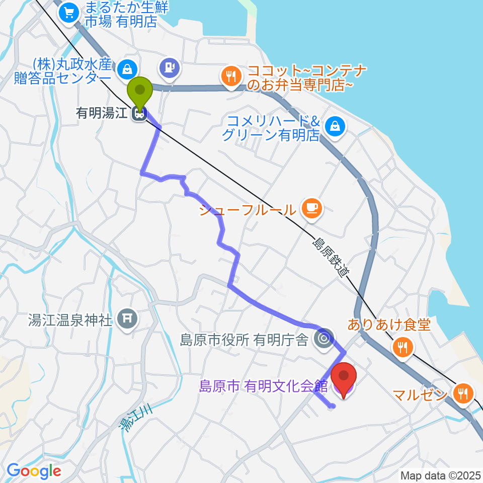 有明湯江駅から島原市有明文化会館 グリーンウェーブへのルートマップ地図