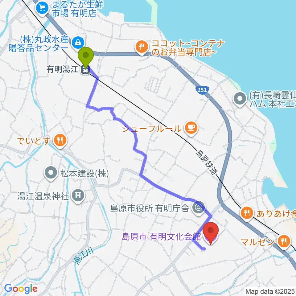 有明湯江駅から島原市有明文化会館 グリーンウェーブへのルートマップ地図
