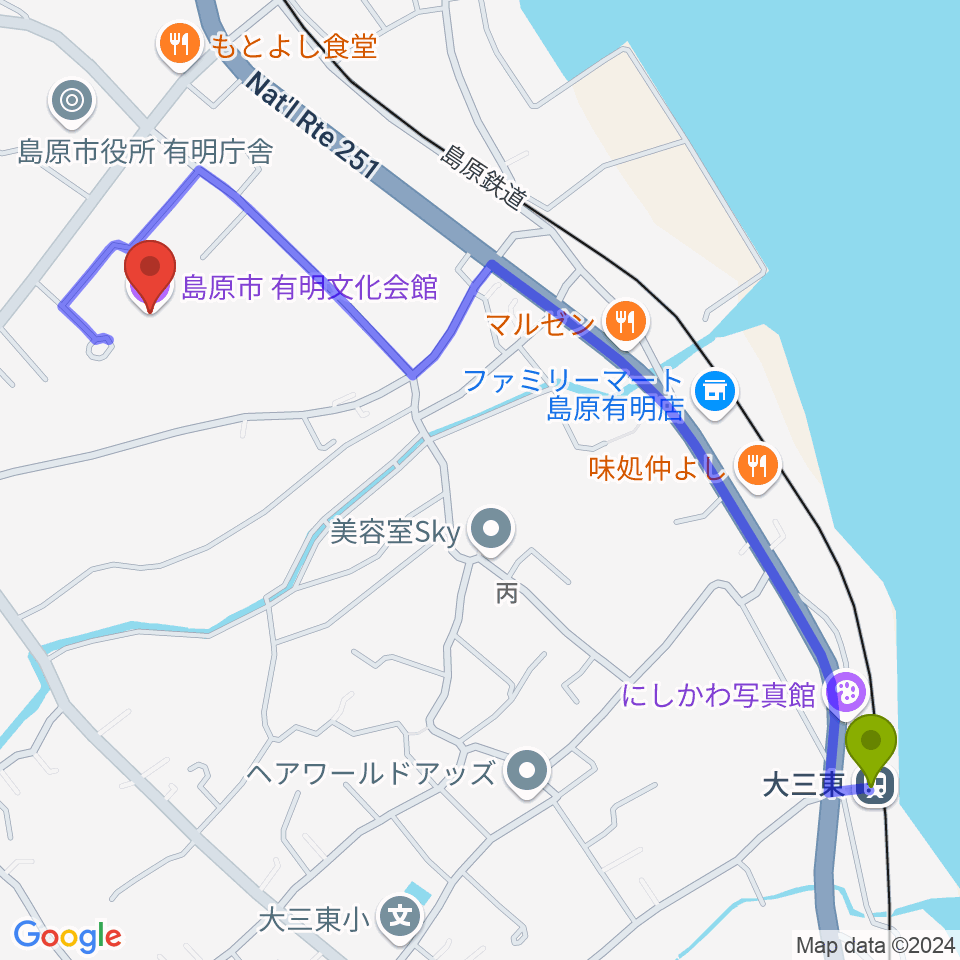 島原市有明文化会館 グリーンウェーブの最寄駅大三東駅からの徒歩ルート（約14分）地図