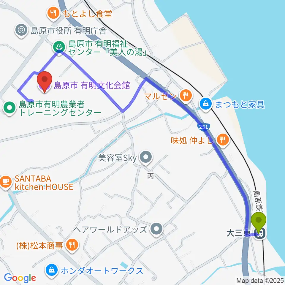 島原市有明文化会館 グリーンウェーブの最寄駅大三東駅からの徒歩ルート（約14分）地図