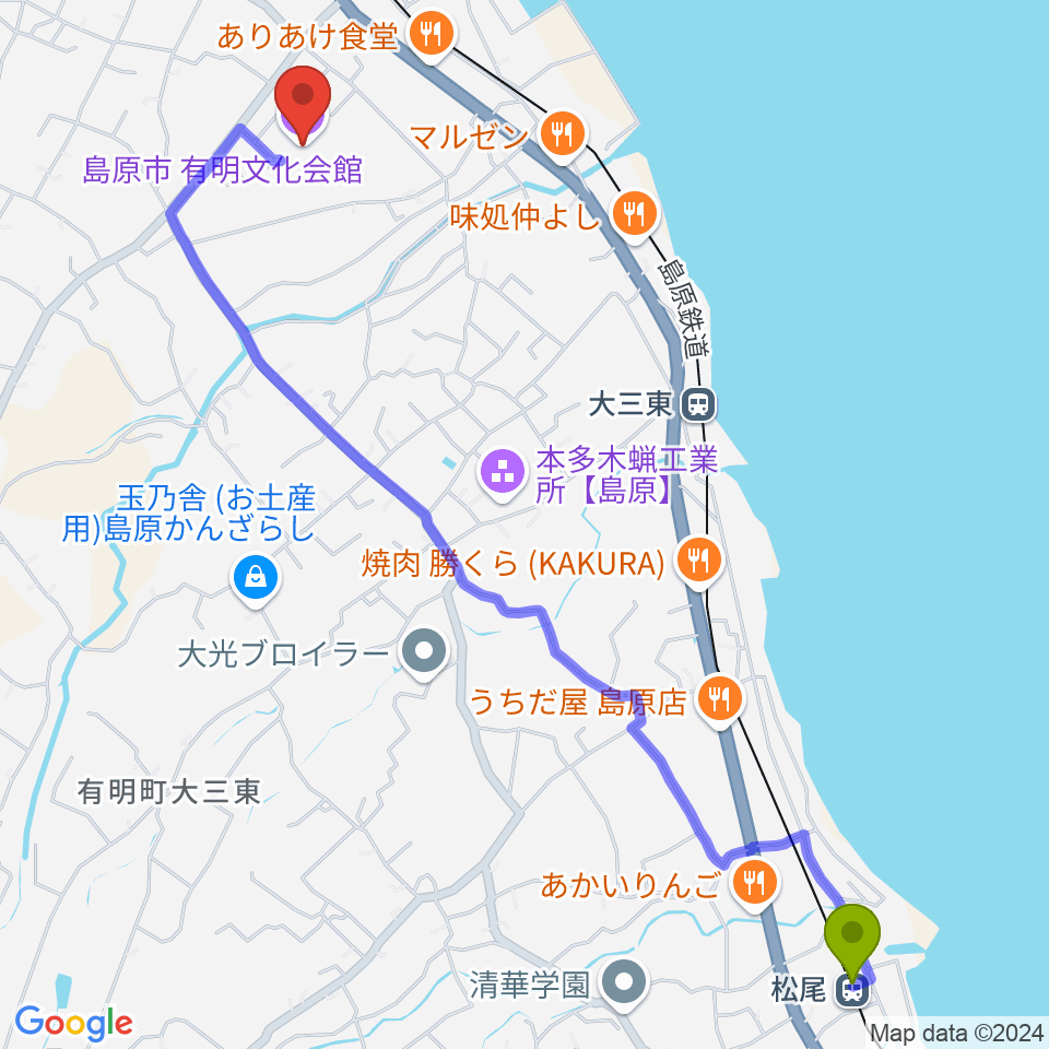 松尾駅から島原市有明文化会館 グリーンウェーブへのルートマップ地図