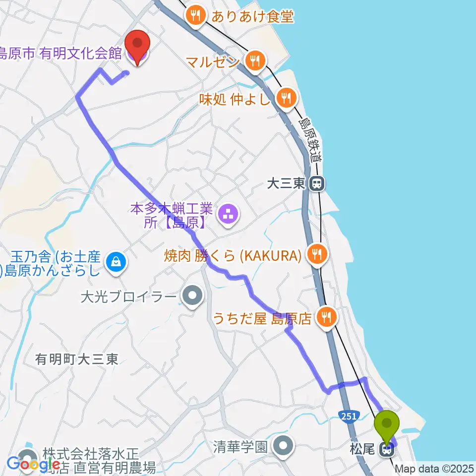 松尾駅から島原市有明文化会館 グリーンウェーブへのルートマップ地図