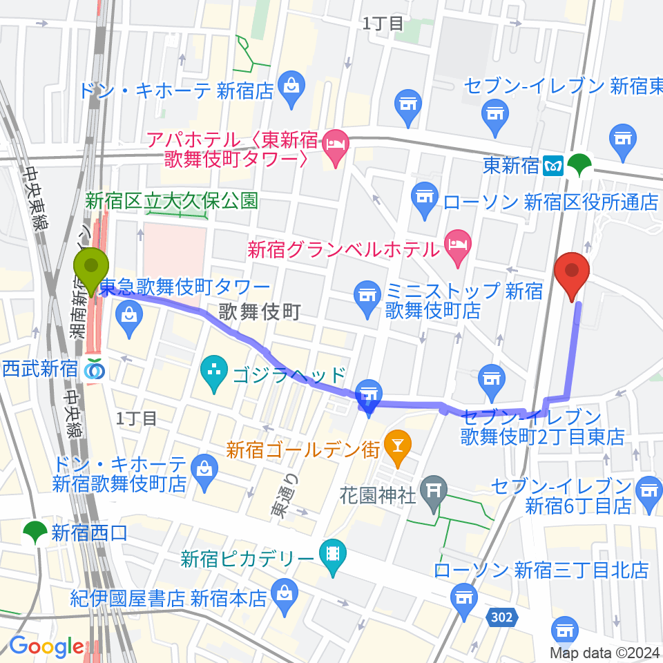 西武新宿駅から新宿レッドクロスへのルートマップ地図