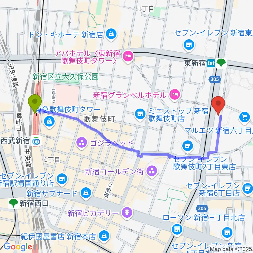 西武新宿駅から新宿レッドクロスへのルートマップ地図