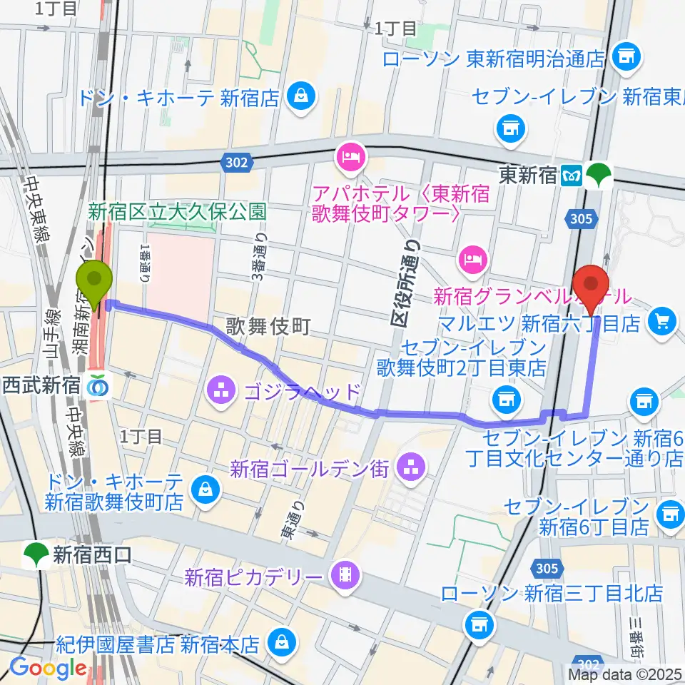 西武新宿駅から新宿レッドクロスへのルートマップ地図