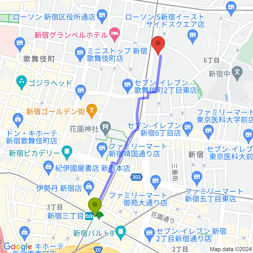 新宿三丁目駅から新宿レッドクロスへのルートマップ地図