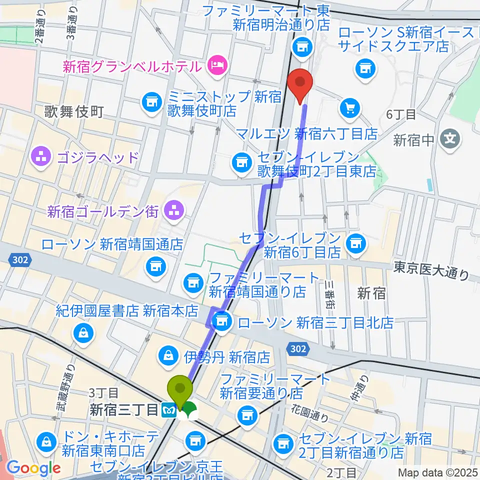 新宿三丁目駅から新宿レッドクロスへのルートマップ地図