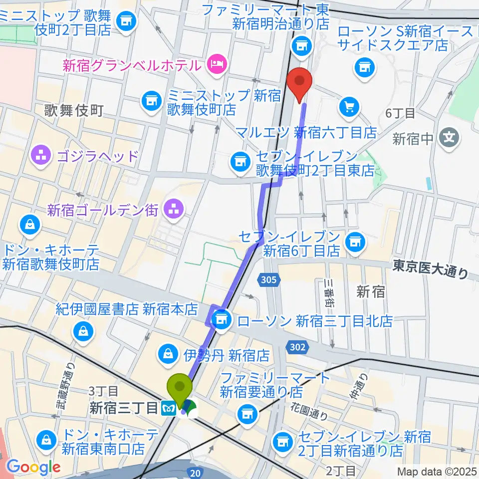 新宿三丁目駅から新宿レッドクロスへのルートマップ地図
