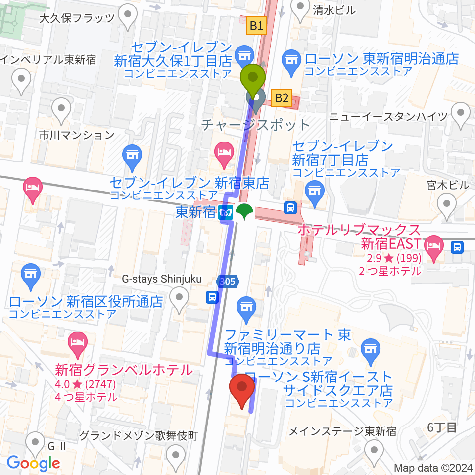 新宿レッドクロスの最寄駅東新宿駅からの徒歩ルート（約5分）地図
