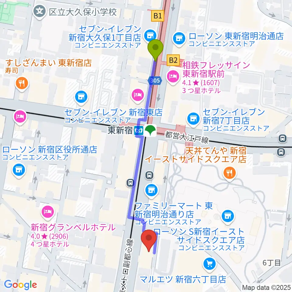 新宿レッドクロスの最寄駅東新宿駅からの徒歩ルート（約5分）地図