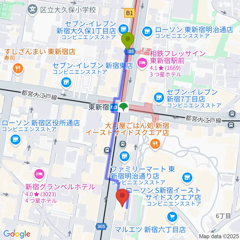 新宿レッドクロスの最寄駅東新宿駅からの徒歩ルート（約5分）地図