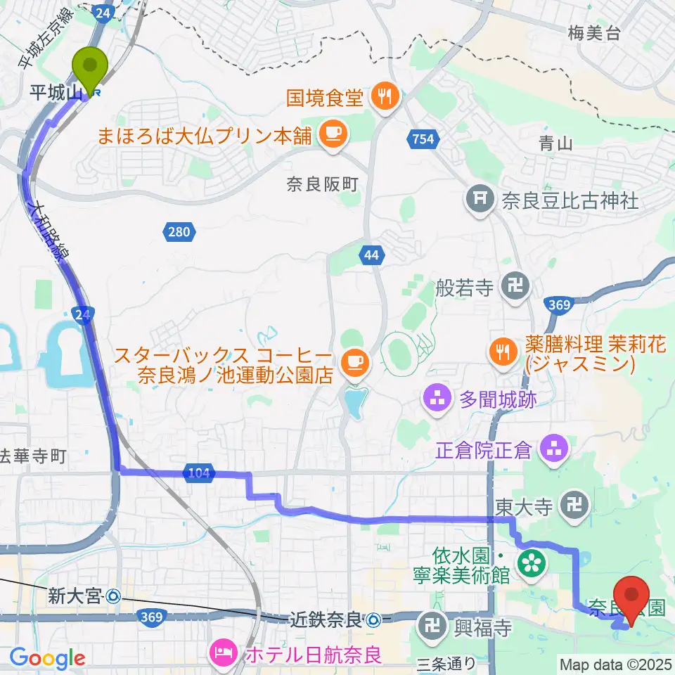 平城山駅から奈良春日野国際フォーラム 甍～I・RA・KA～へのルートマップ地図
