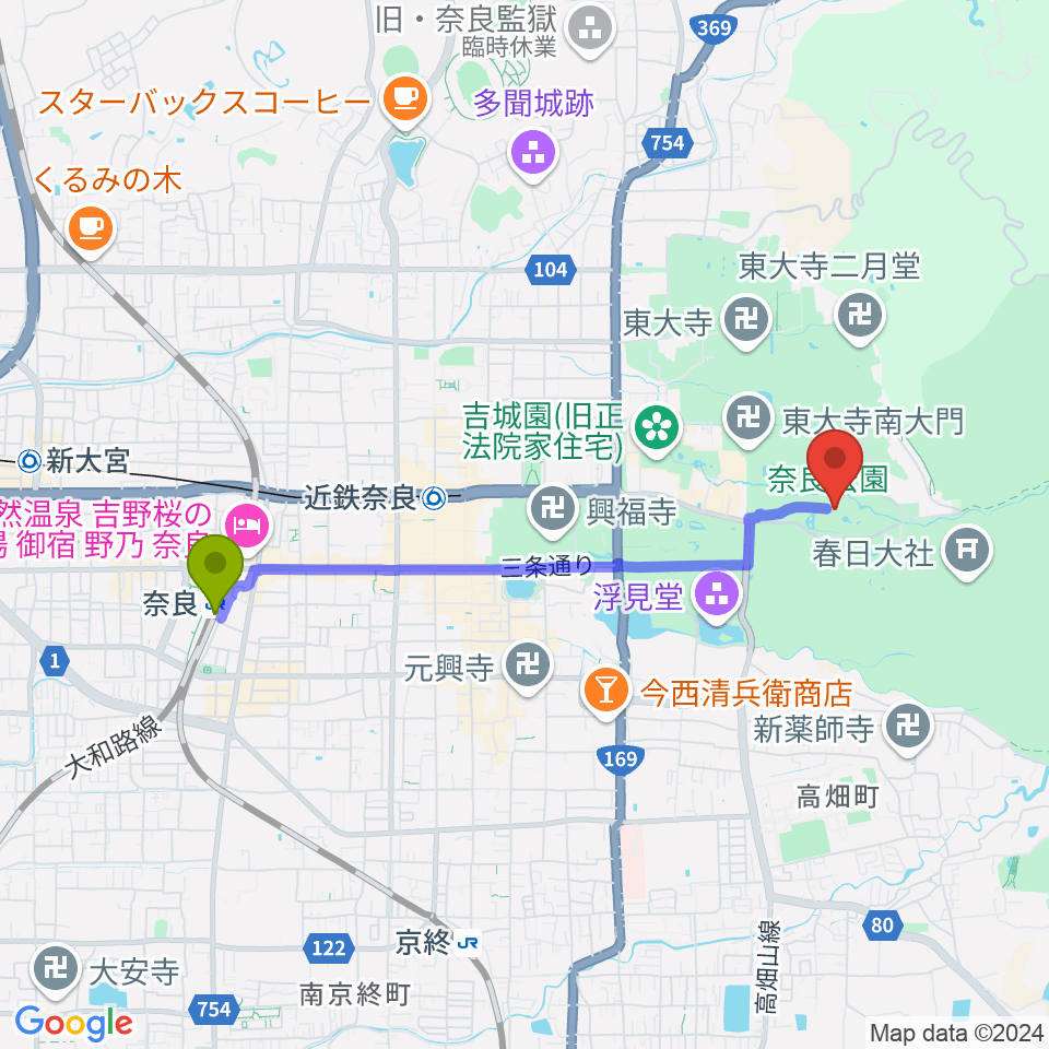 奈良駅から奈良春日野国際フォーラム 甍～I・RA・KA～へのルートマップ地図