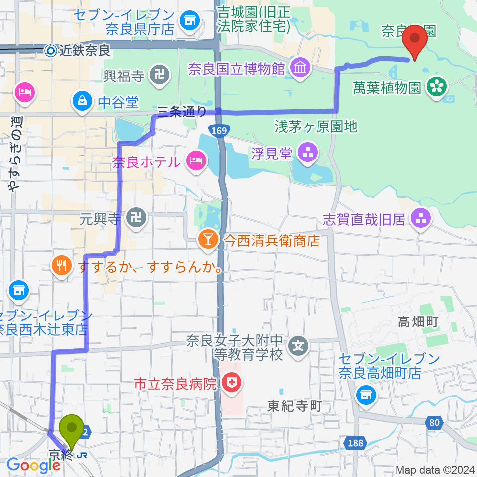 京終駅から奈良春日野国際フォーラム 甍～I・RA・KA～へのルートマップ地図