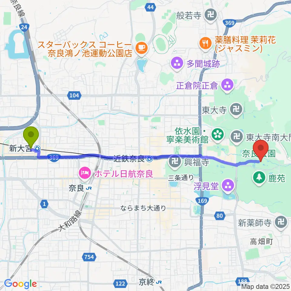 新大宮駅から奈良春日野国際フォーラム 甍～I・RA・KA～へのルートマップ地図
