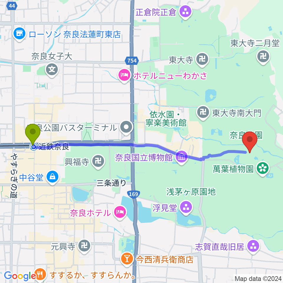 奈良春日野国際フォーラム 甍～I・RA・KA～の最寄駅近鉄奈良駅からの徒歩ルート（約24分）地図