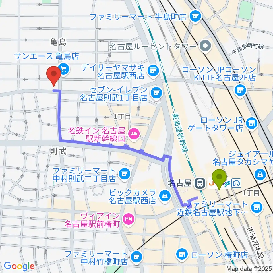 名古屋駅からナンジャーレへのルートマップ地図