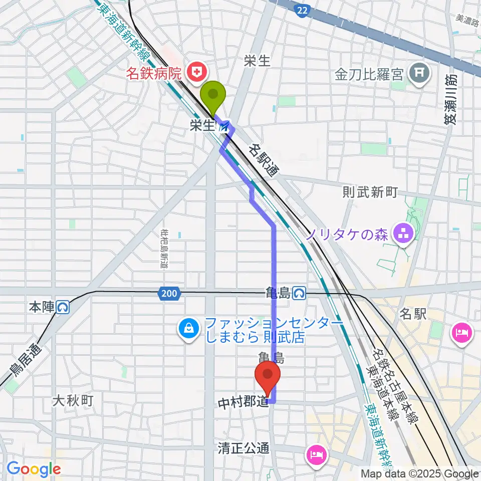 栄生駅からナンジャーレへのルートマップ地図
