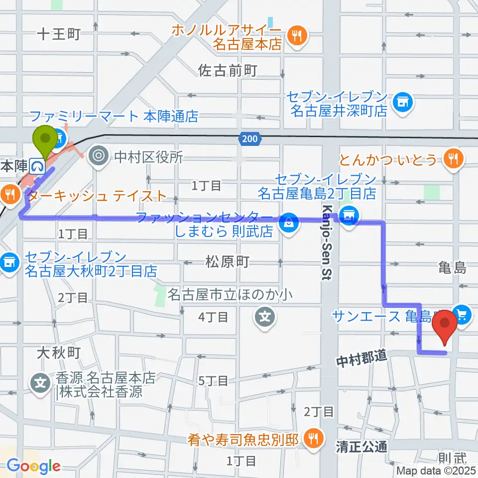 本陣駅からナンジャーレへのルートマップ地図