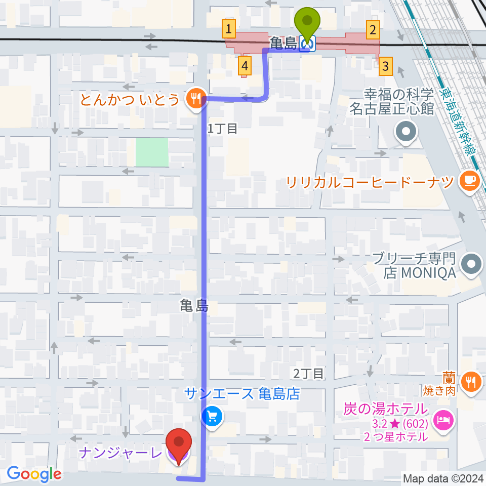 ナンジャーレの最寄駅亀島駅からの徒歩ルート（約7分）地図