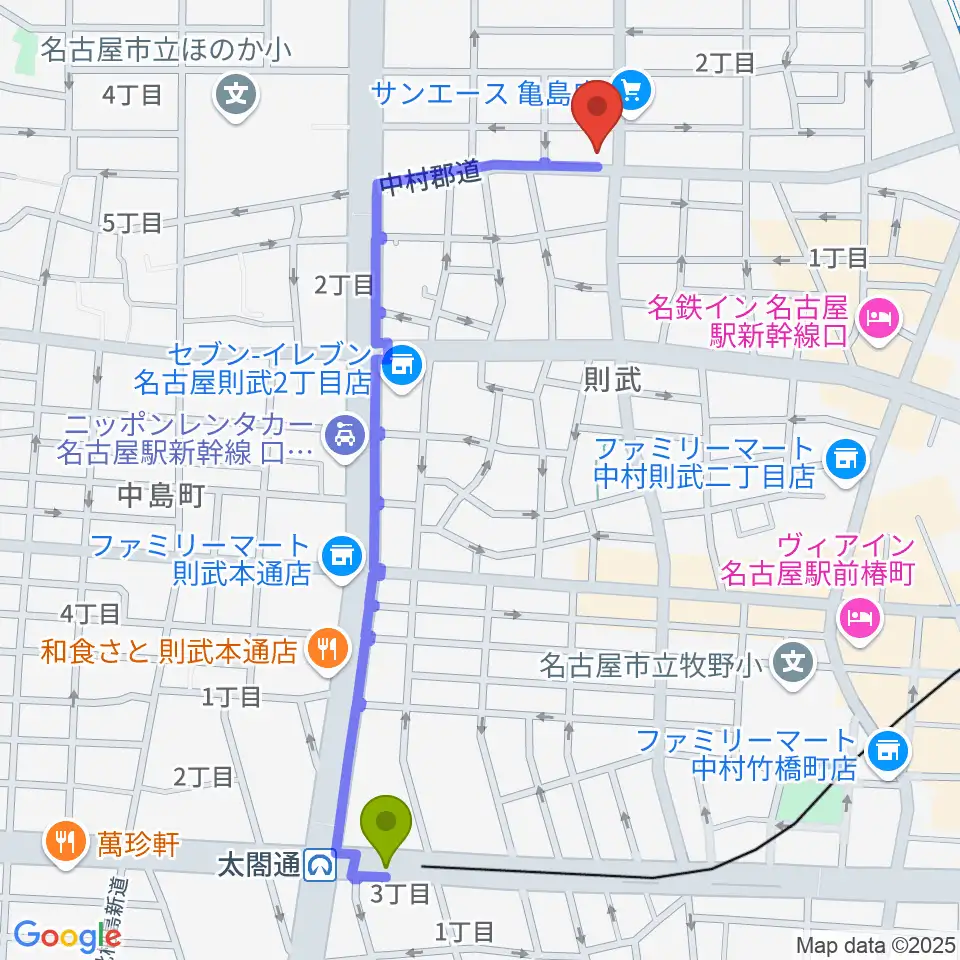 中村区役所駅からナンジャーレへのルートマップ地図