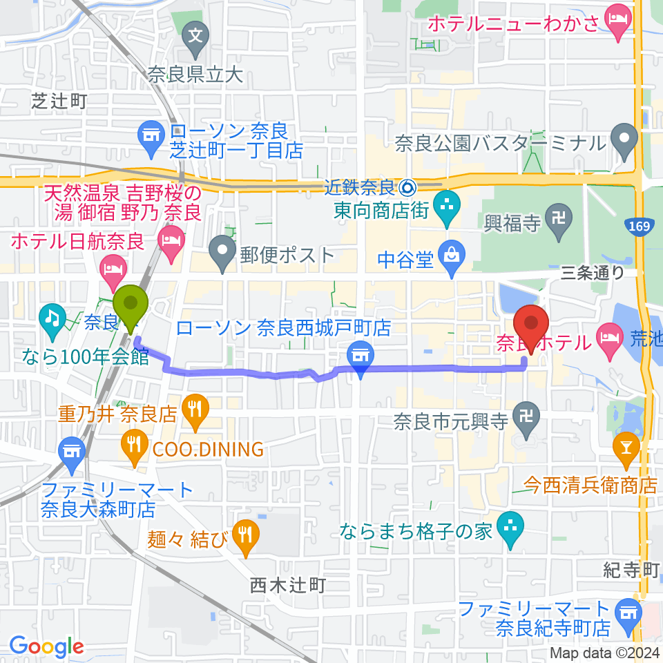 奈良駅から奈良市ならまちセンターへのルートマップ地図