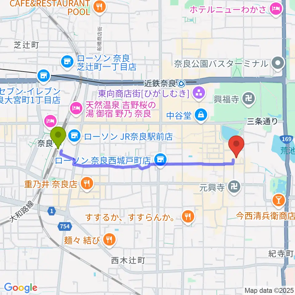 奈良駅から奈良市ならまちセンターへのルートマップ地図