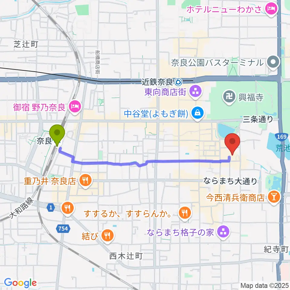 奈良駅から奈良市ならまちセンターへのルートマップ地図