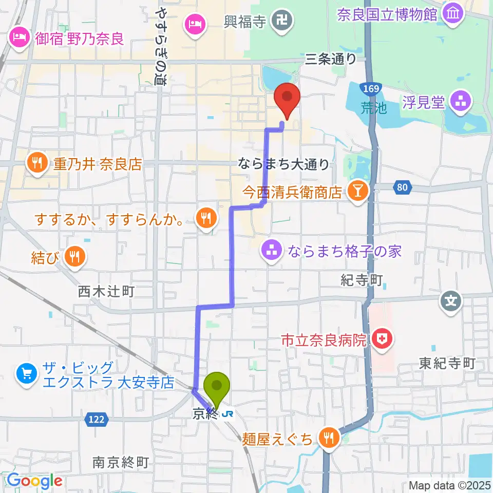 京終駅から奈良市ならまちセンターへのルートマップ地図