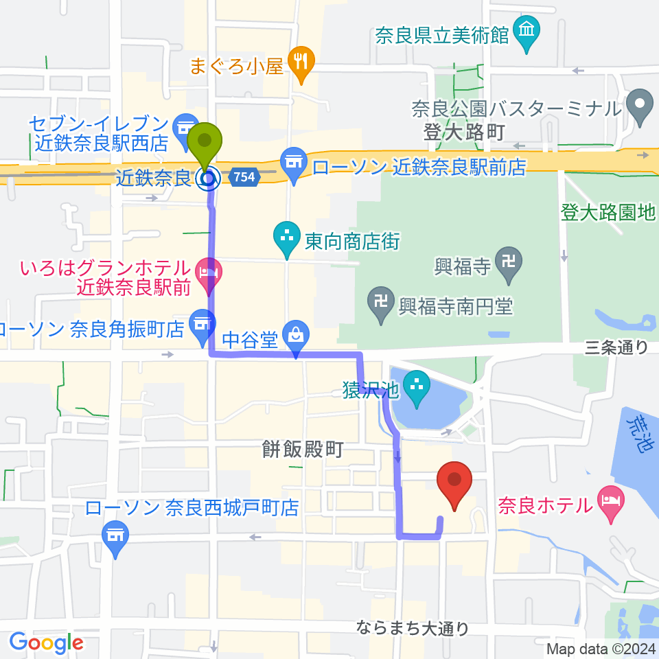 奈良市ならまちセンターの最寄駅近鉄奈良駅からの徒歩ルート（約10分）地図