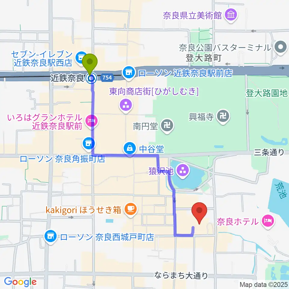 奈良市ならまちセンターの最寄駅近鉄奈良駅からの徒歩ルート（約10分）地図