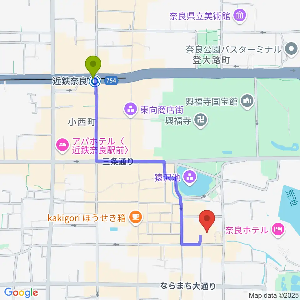 奈良市ならまちセンターの最寄駅近鉄奈良駅からの徒歩ルート（約10分）地図