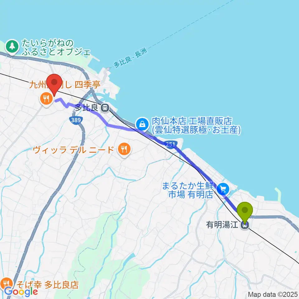 有明湯江駅から雲仙市国見町文化会館まほろばへのルートマップ地図