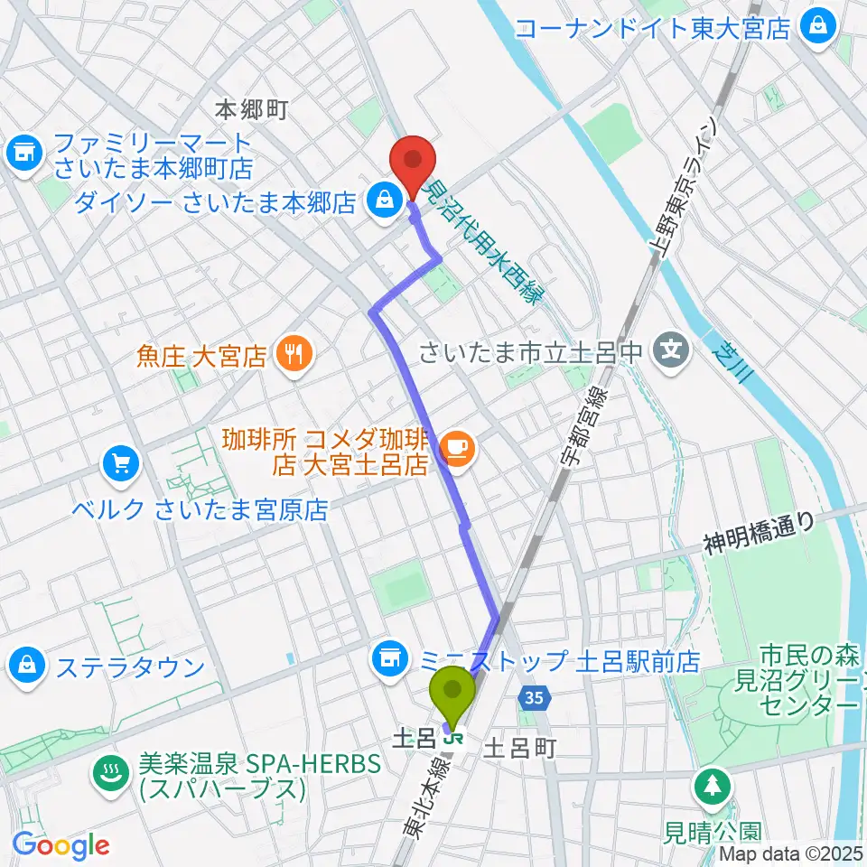 土呂駅からスタジオ・アリアへのルートマップ地図