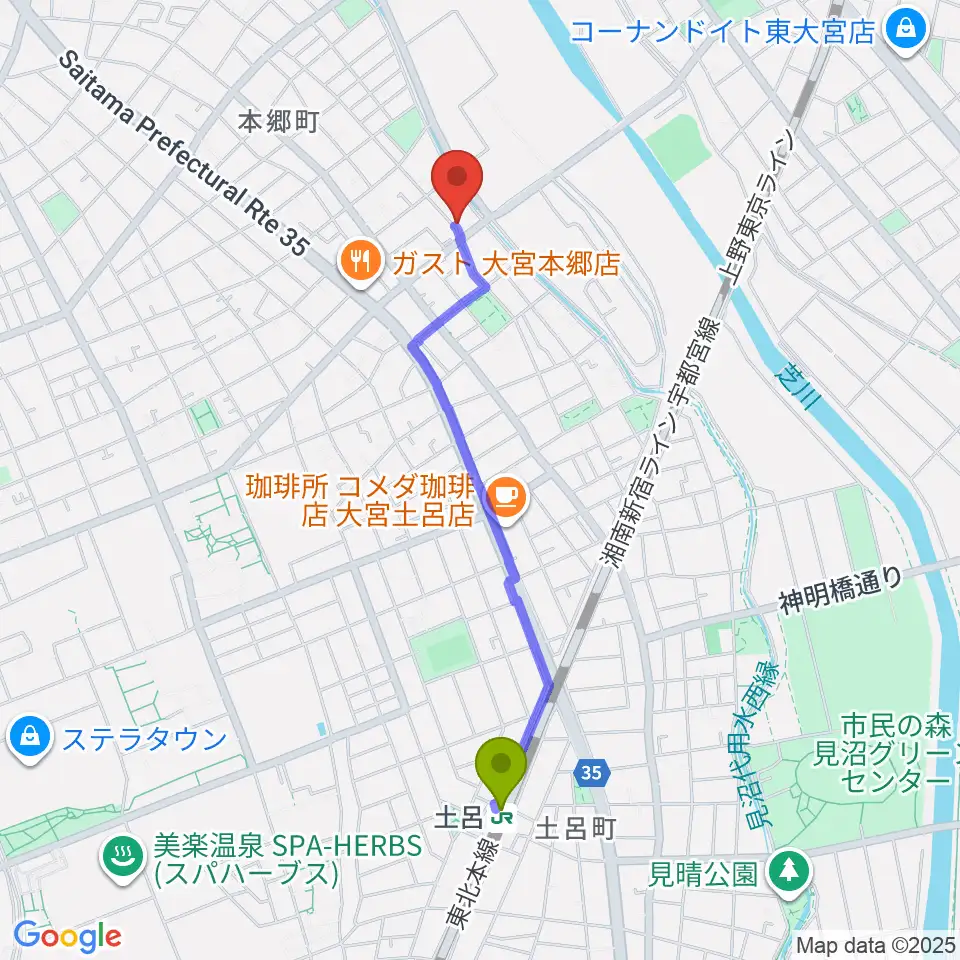土呂駅からスタジオ・アリアへのルートマップ地図