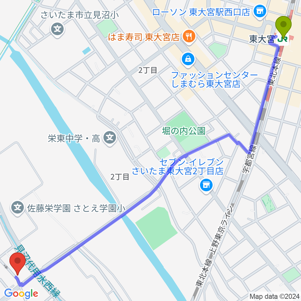 スタジオ・アリアの最寄駅東大宮駅からの徒歩ルート（約18分）地図