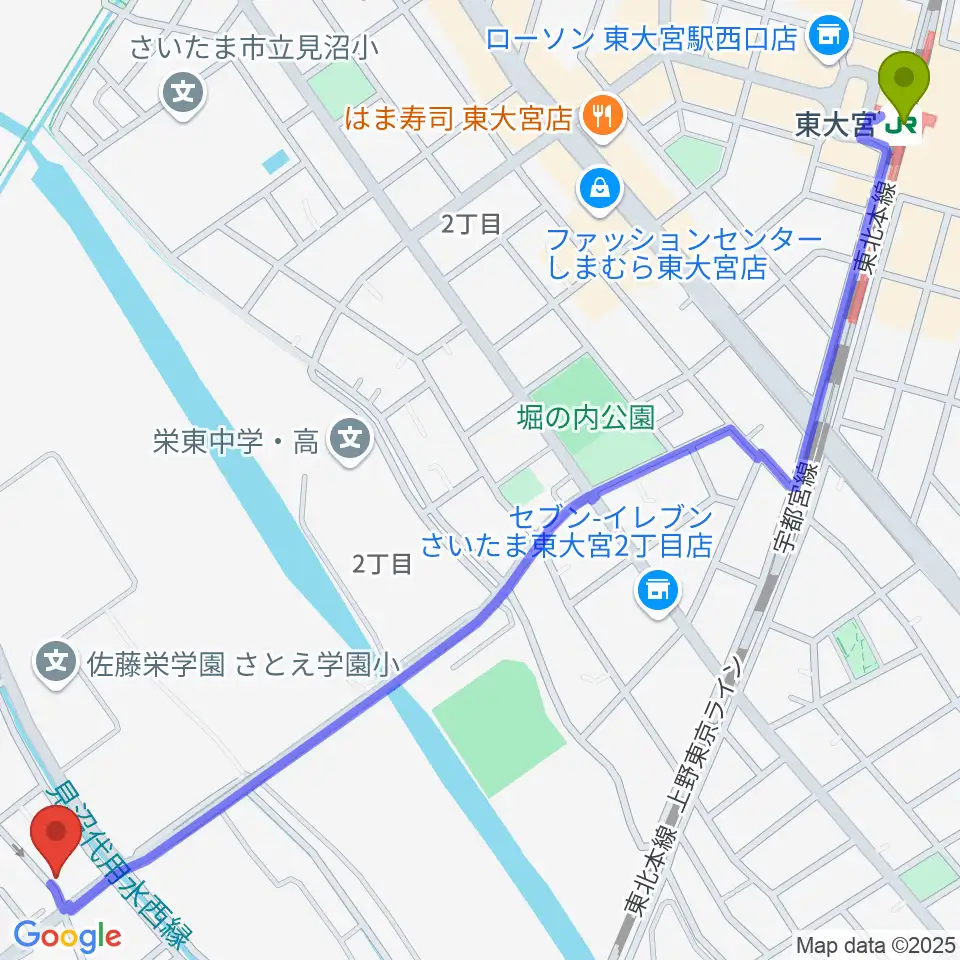 スタジオ・アリアの最寄駅東大宮駅からの徒歩ルート（約18分）地図