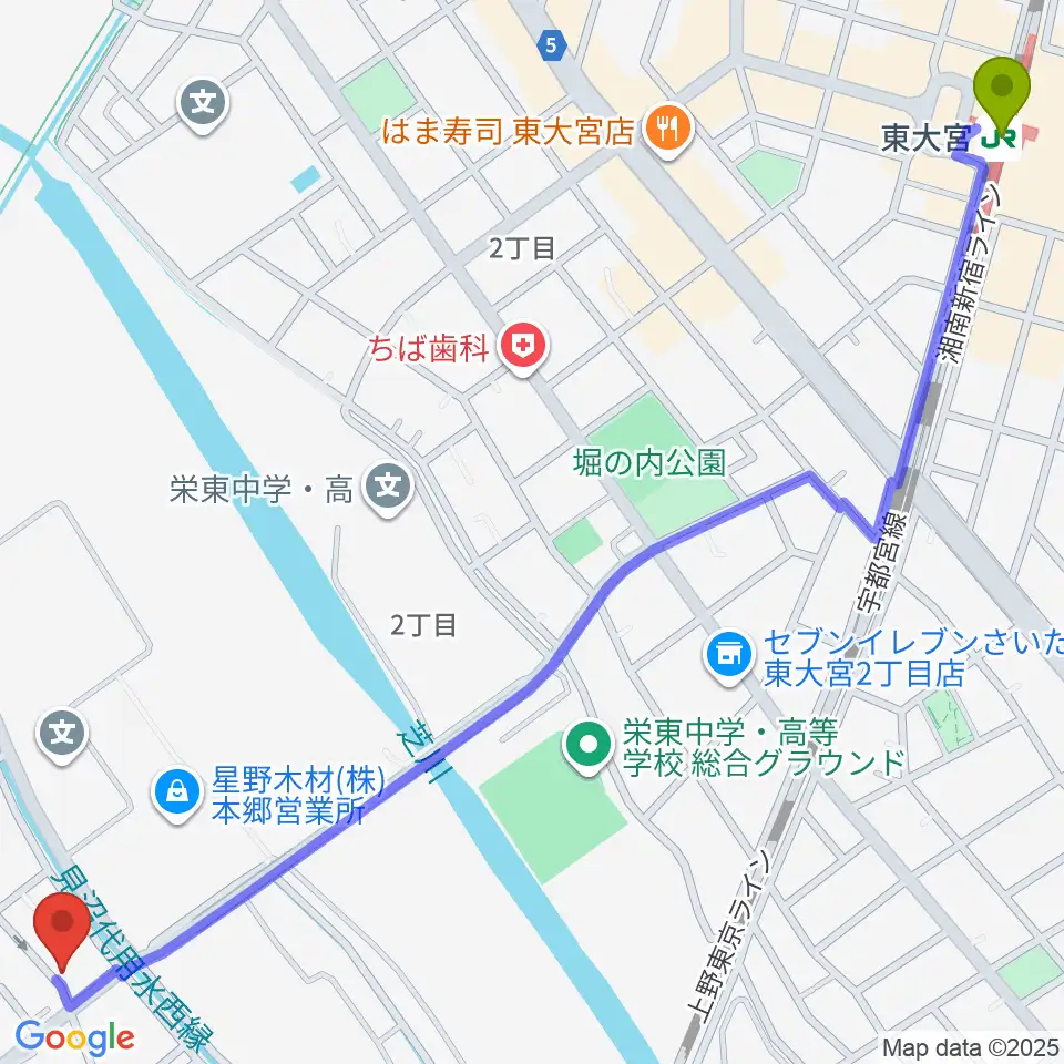 スタジオ・アリアの最寄駅東大宮駅からの徒歩ルート（約18分）地図