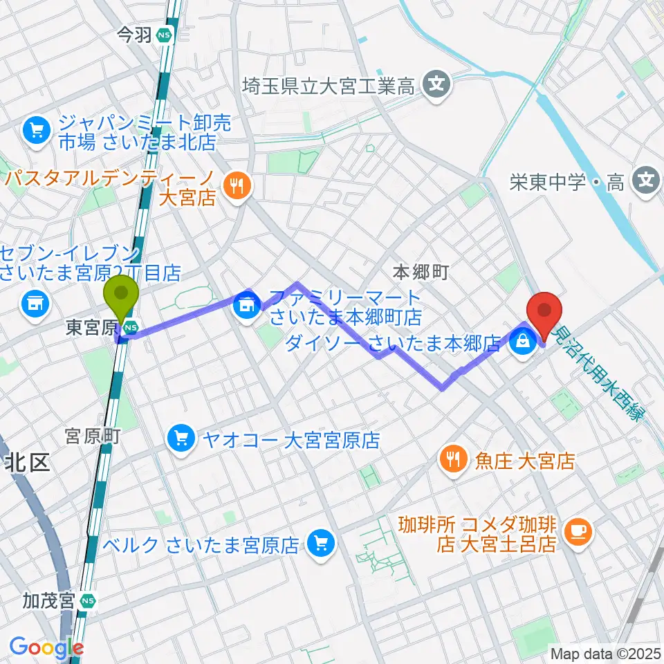 東宮原駅からスタジオ・アリアへのルートマップ地図