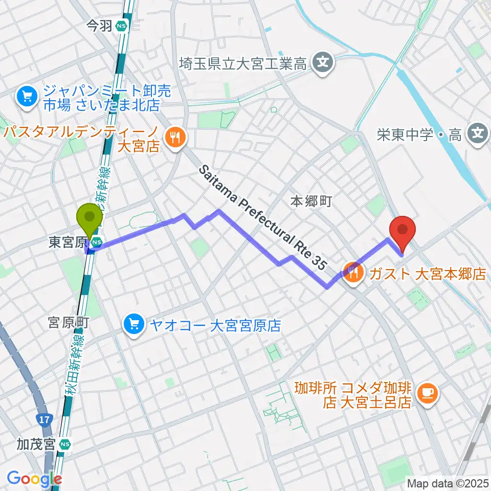 東宮原駅からスタジオ・アリアへのルートマップ地図