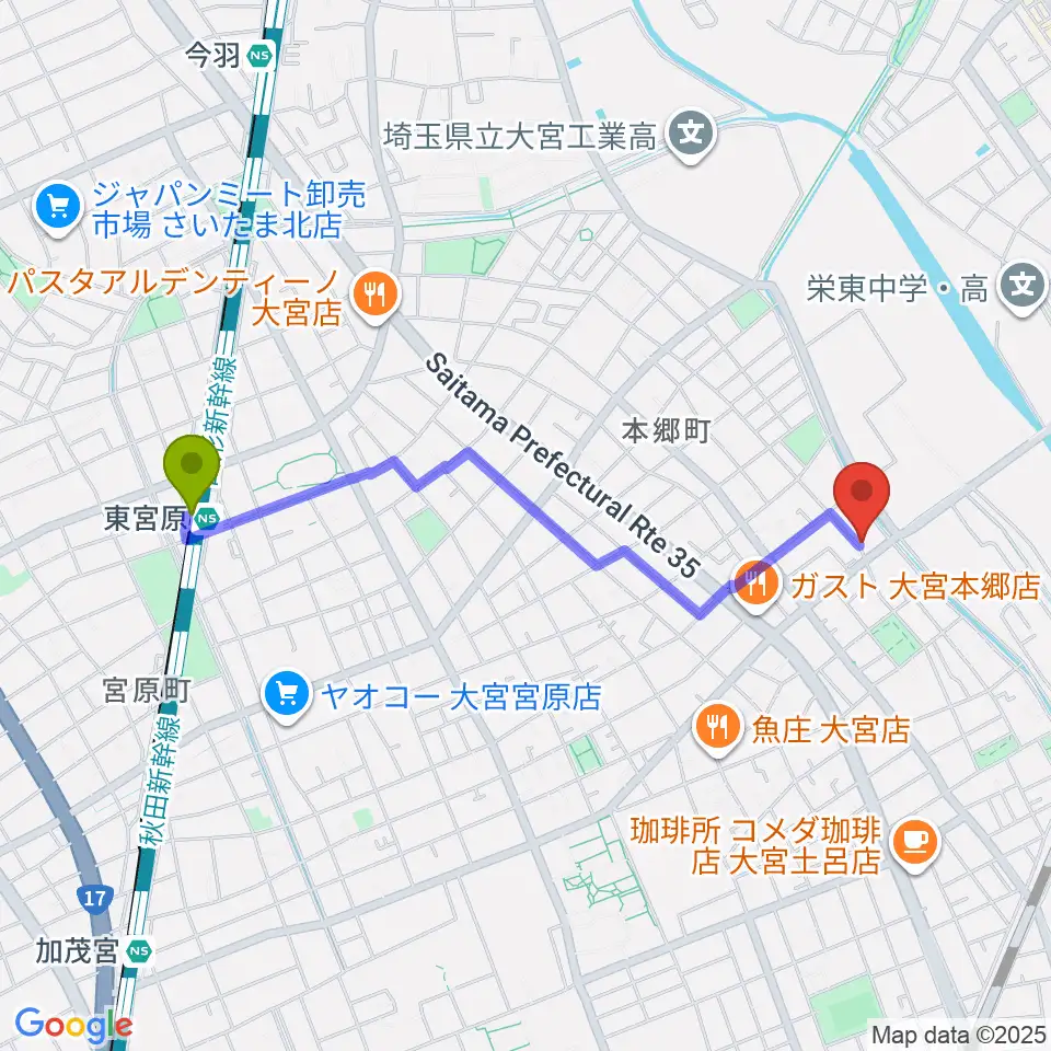 東宮原駅からスタジオ・アリアへのルートマップ地図