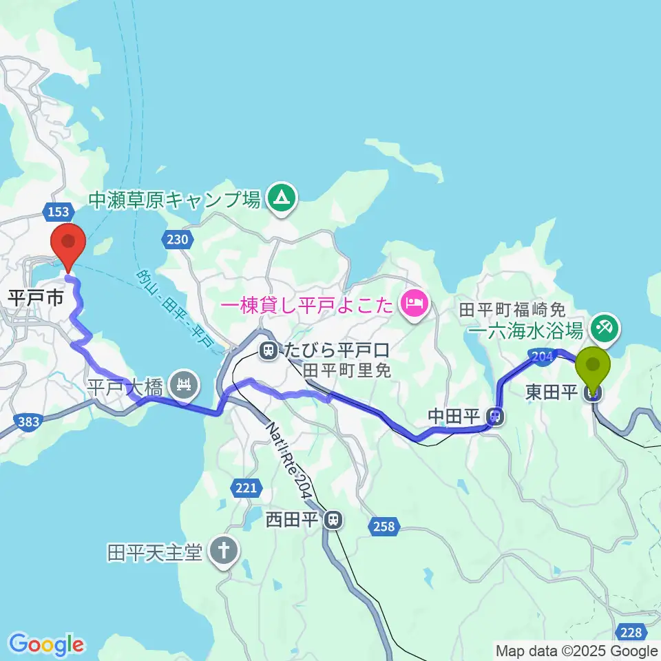 東田平駅から平戸文化センターへのルートマップ地図