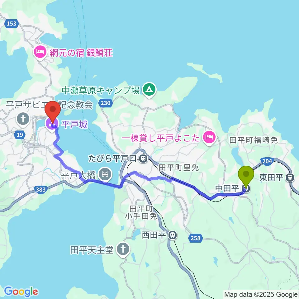 中田平駅から平戸文化センターへのルートマップ地図