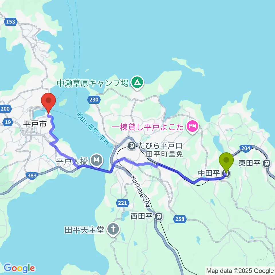 中田平駅から平戸文化センターへのルートマップ地図