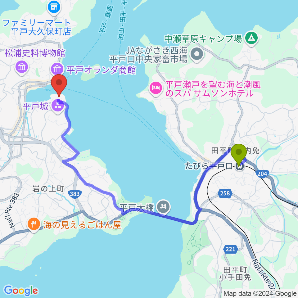 平戸文化センターの最寄駅たびら平戸口駅からの徒歩ルート（約41分）地図