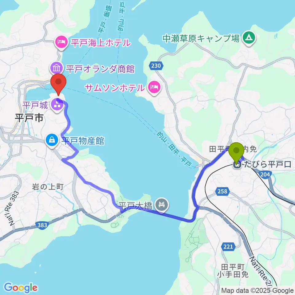 平戸文化センターの最寄駅たびら平戸口駅からの徒歩ルート（約41分）地図