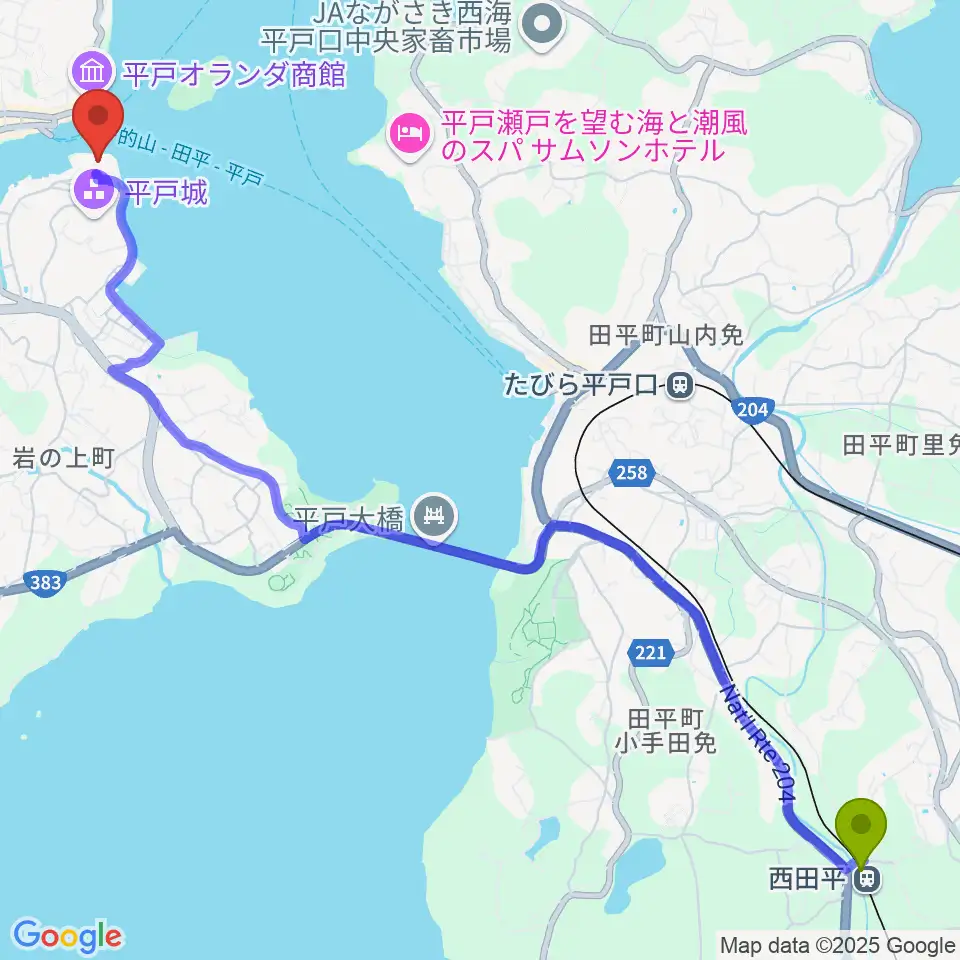 西田平駅から平戸文化センターへのルートマップ地図