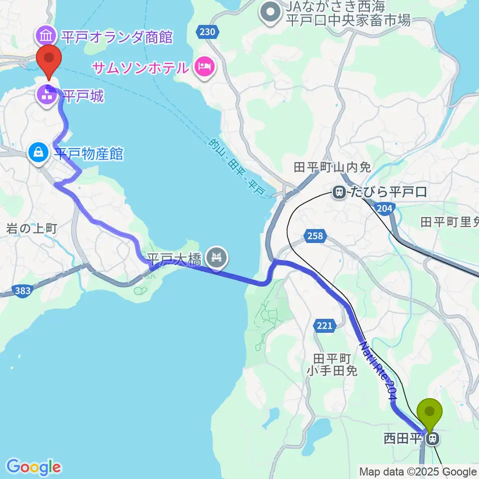 西田平駅から平戸文化センターへのルートマップ地図