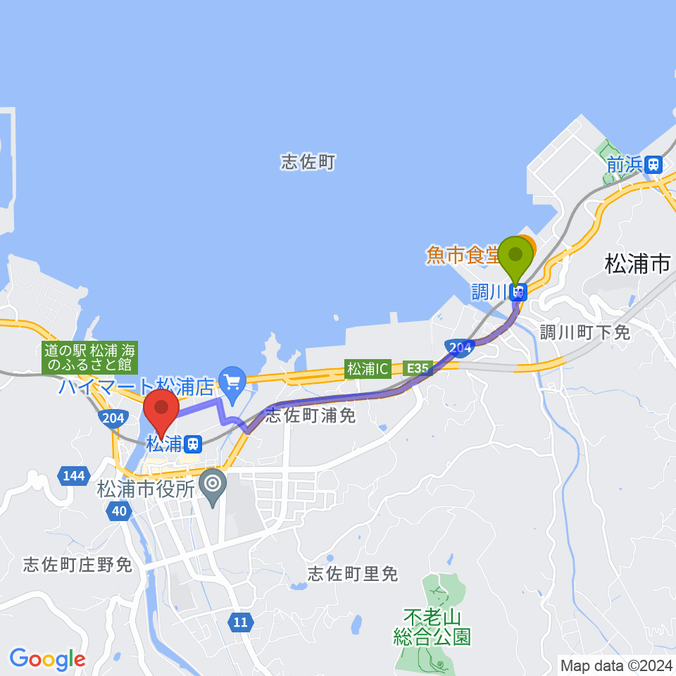 調川駅から松浦市文化会館へのルートマップ地図